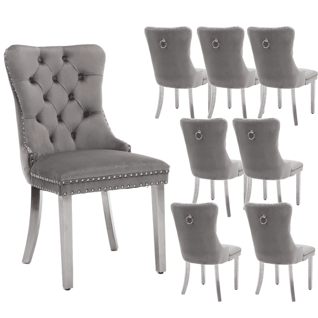 Contemporary Button Tufted Dining Chairs, High-end Velvet Upholstered Dining Chairs with Nailhead Back and Ring Pull Trim, Wood Dining Chairs for Living Room, Restaurant(Gray with Steel Leg,Set of 8)