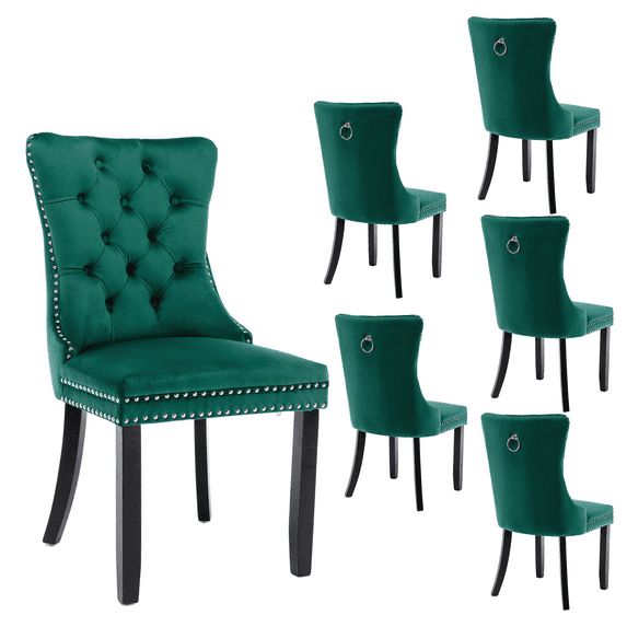 Contemporary Button Tufted Dining Chairs, High-end Velvet Upholstered Dining Chairs with Nailhead Back and Ring Pull Trim, Wood Dining Chairs for Living Room, Restaurant (Green,Set of 6)