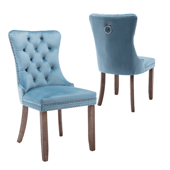 Contemporary Button Tufted Dining Chairs, High-end Velvet Upholstered Dining Chairs with Nailhead Back and Ring Pull Trim, Wood Dining Chairs for Living Room, Restaurant (Light Blue,Set of 2)
