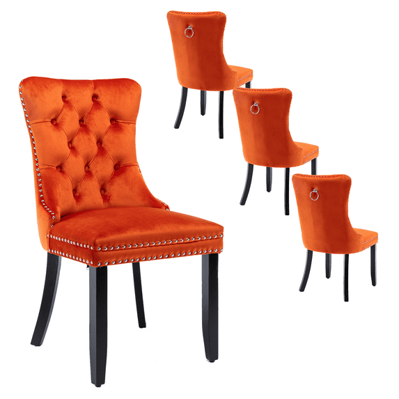 Contemporary Button Tufted Dining Chairs, High-end Velvet Upholstered Dining Chairs with Nailhead Back and Ring Pull Trim, Wood Dining Chairs for Living Room, Restaurant (Orange,Set of 4)