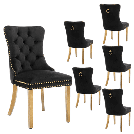 Contemporary Button Tufted Dining Chairs, High-end Velvet Upholstered Dining Chairs with Nailhead Back and Ring Pull Trim, Wood Dining Chairs for Living Room,Restaurant(Black with Steel Leg,Set of 6)