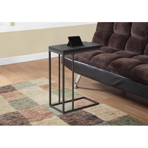 Contemporary C-shaped End Table with Brown Laminate and Metal for Living Room, Bedroom