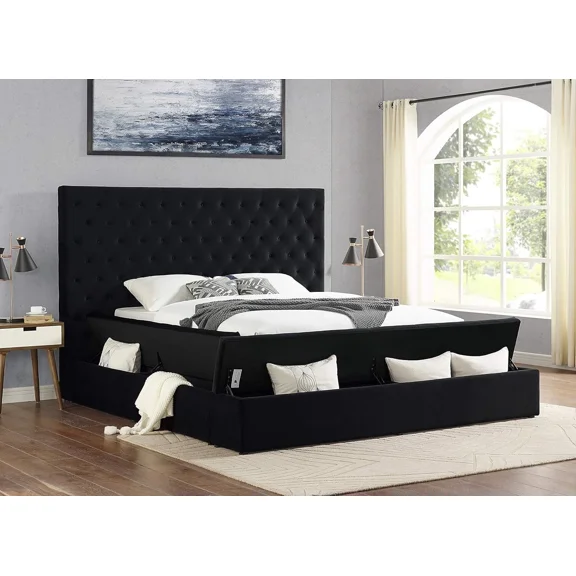 Contemporary California King Storage Bed with Tufted Headboard, Velvet Upholstered Platform Bed, Black