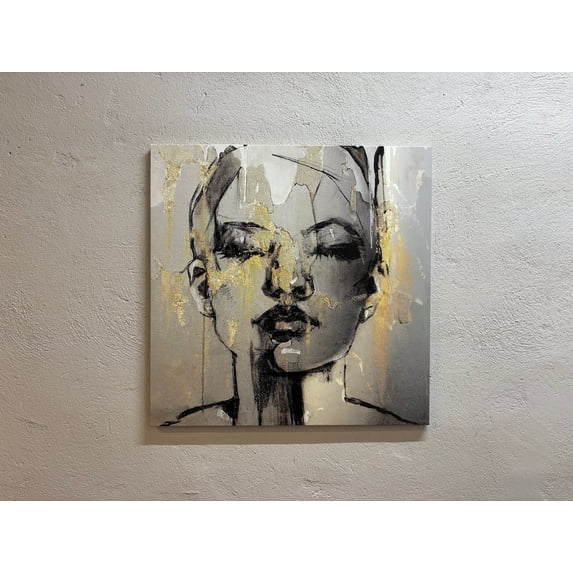 Contemporary Canvas Art, Trendy Artwork, Abstract Portrait Printed, Abstract Art, Woman Face Canvas Art, Gold Woman Printed Canvas, Canvas Wall Decor - Gold Framed