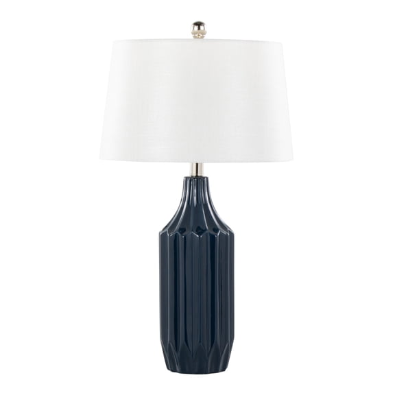 Contemporary Ceramic Table Lamp, 23-Inch Gloss Dark Blue with White Shade, Modern Bedroom Living Room Lighting