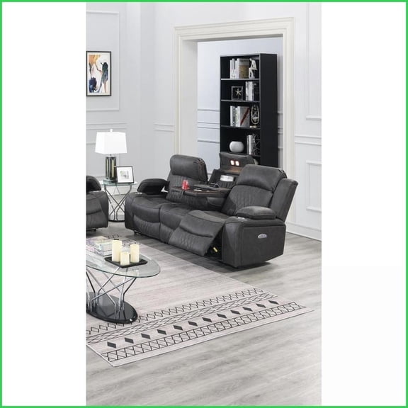 Contemporary Charcoal Gel Leatherette Power Motion Sofa – 80” Living Room Recliner with Storage Arms, Cup Holders & Wireless Charging | Gray | Cushion Back | Gel Leatherette
