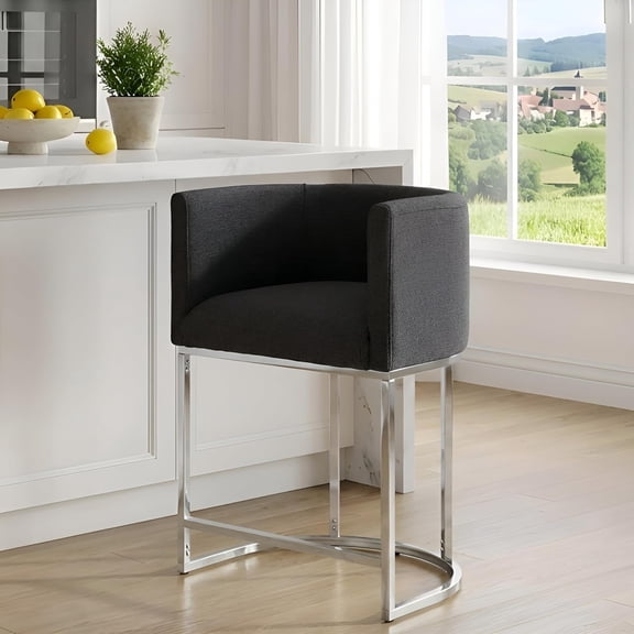 Contemporary Charcoal Linen Bar Stool, 24" Upholstered Fabric Counter Height Barstool Kitchen Counter Island Stool with Screwed Together Chrome Finish Base