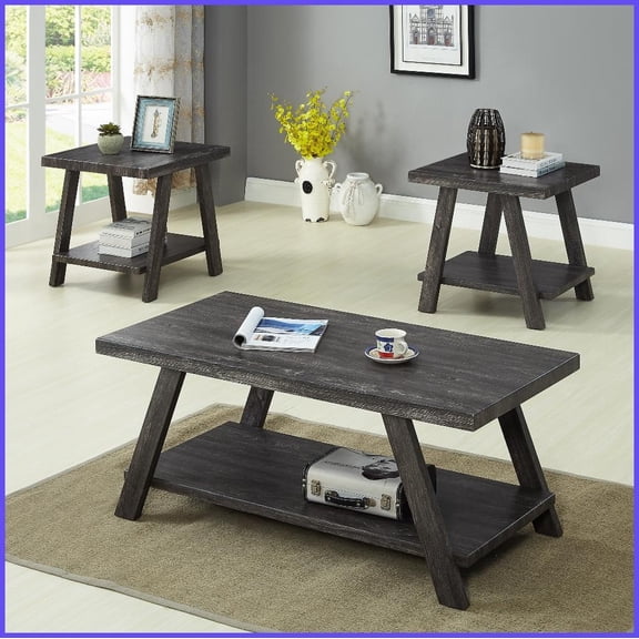 Contemporary Charcoal Replicated Wood Coffee Table with Shelf Storage & Wide-Angled Accent Legs