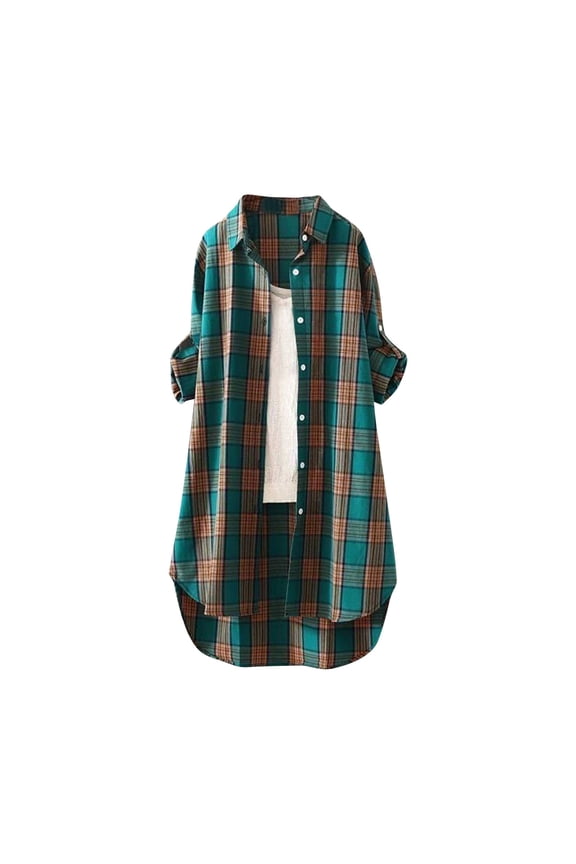 Contemporary Checkered Shacket for Women, Breathable Thin Outerwear with Button Closure & Roll-Tab Sleeves for Transitional Weather,Green XL