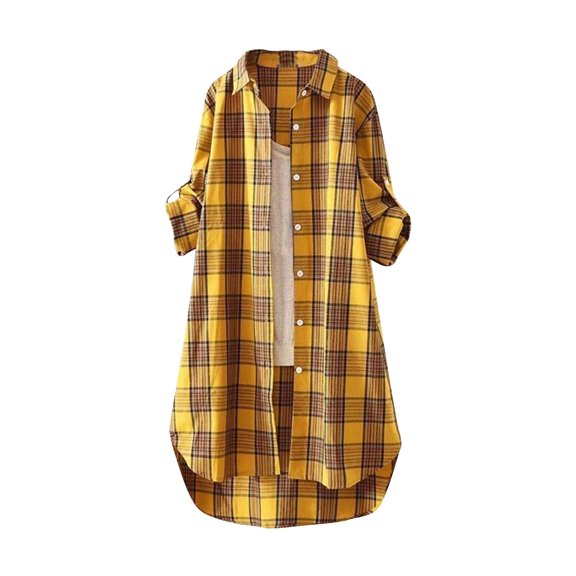 Contemporary Checkered Shacket for Women, Breathable Thin Outerwear with Button Closure & Roll-Tab Sleeves for Transitional Weather,Yellow M