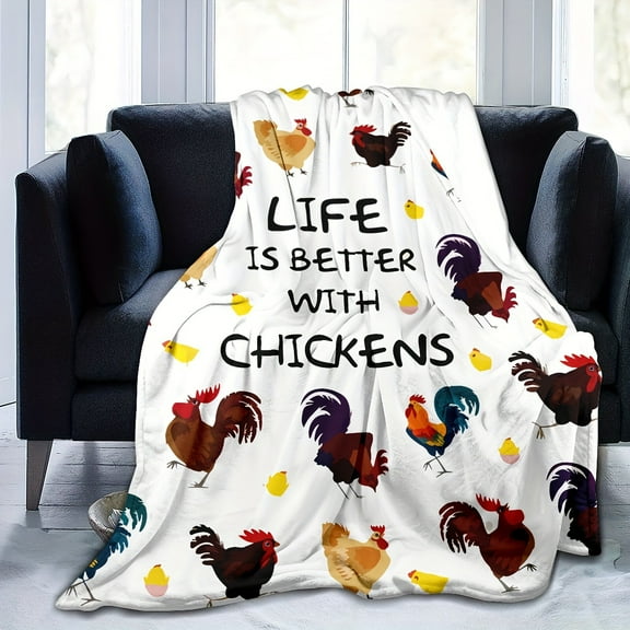 Contemporary Chicken Theme Decor Throw Blanket All Season Cozy Digital Print Rooster Pattern Multipurpose Knitted Soft Comfort Machine Washable Farmhouse Style Decor Blanket