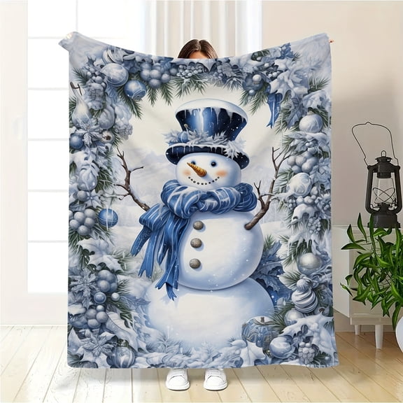 Contemporary Christmas Snowman Print Flannel Throw Blanket, Modern Style Soft Comfortable All-Season Knitted Polyester Blanket for Travel, Camping, Sofa Bed, Office Home Decor