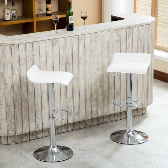Set of 2 White Faux Leather Swivel Bar Stools - Chrome Base, Adjustable Height 24-30", Modern Kitchen & Home. 15" Seats.