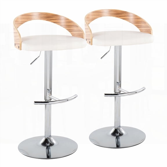 Contemporary Chrome Metal Barstools with Zebra Wood & White Faux Leather - 2-Pack, Adjustable & Swivel
