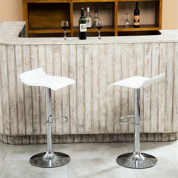 Contemporary Chrome Stools with White Seat, Set of 2 / Adjustable Height by Air Lift System