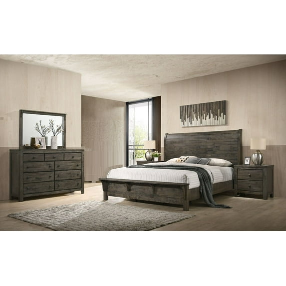 Contemporary Classic 4pc King Built-in Bench Bed Dresser Mirror Nightstand Set Curve Headboard Rustic Gray Finish