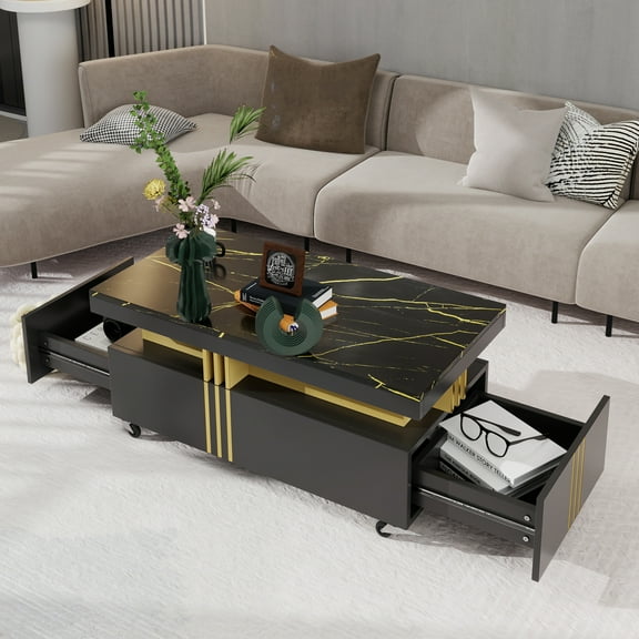 Contemporary Coffee Table with Faux Marble Top, Rectangle Cocktail Table with Caster Wheels, Moderate Luxury Center Table with Gold Metal Bars for Living Room, Black