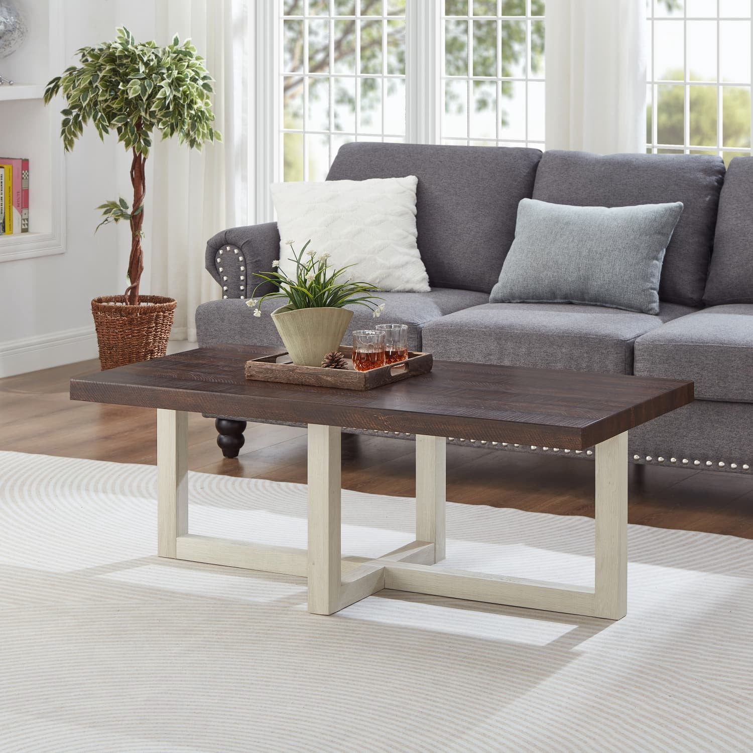 Contemporary Coffee Table, Walnut & White Finish, Modern Cross‑Base Living Room Table