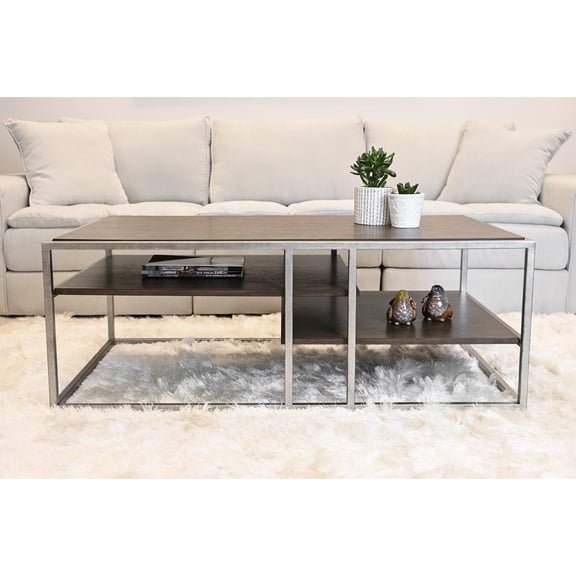 Contemporary Coffee Table With Shelf - Metal & Wood Blend, 50"x26"x18", Brown Accent Elegant And Elements 50"w 26"d 18"h,