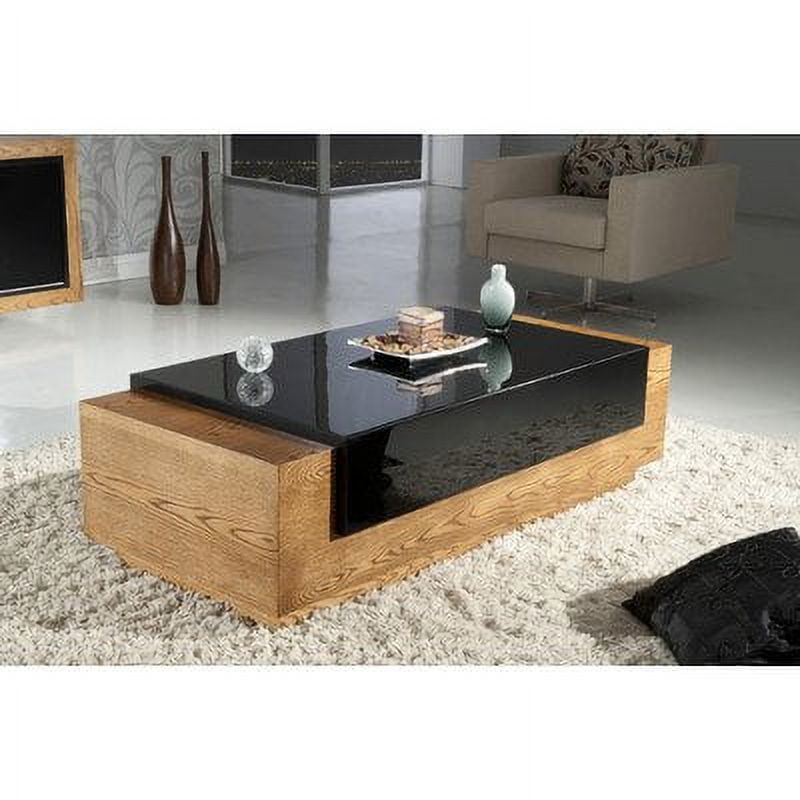 Warm Honey Oak Rectangular Coffee Table with High Gloss Black Accent