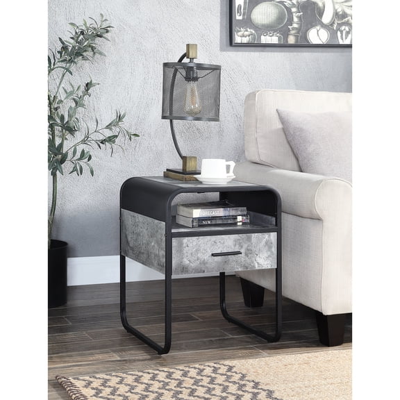 Contemporary Concrete Gray & Black End Table With Practical Drawer And Space Modern Easy-assemble Structure Storage