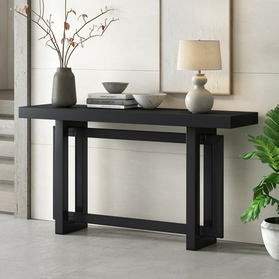 Contemporary Console Table with with Industrial-inspired Concrete Wood Top, Modern Long Entryway Table with Wood Legs for Entryway, Hallway, Living Room, Load 150 lbs, Black