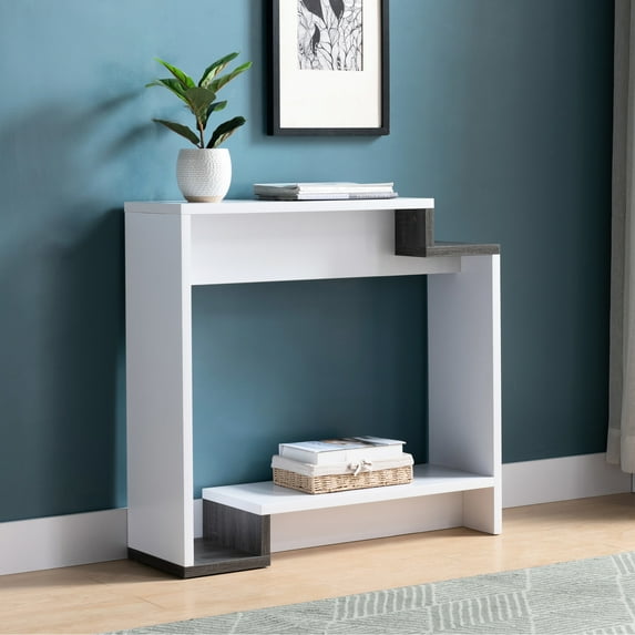 Contemporary Console Table - White And Grey, Two Open Shelf Features, Multi-level Configuration, For Small Reading Spaces White/grey, Parts, Layout, Suited For Smaller