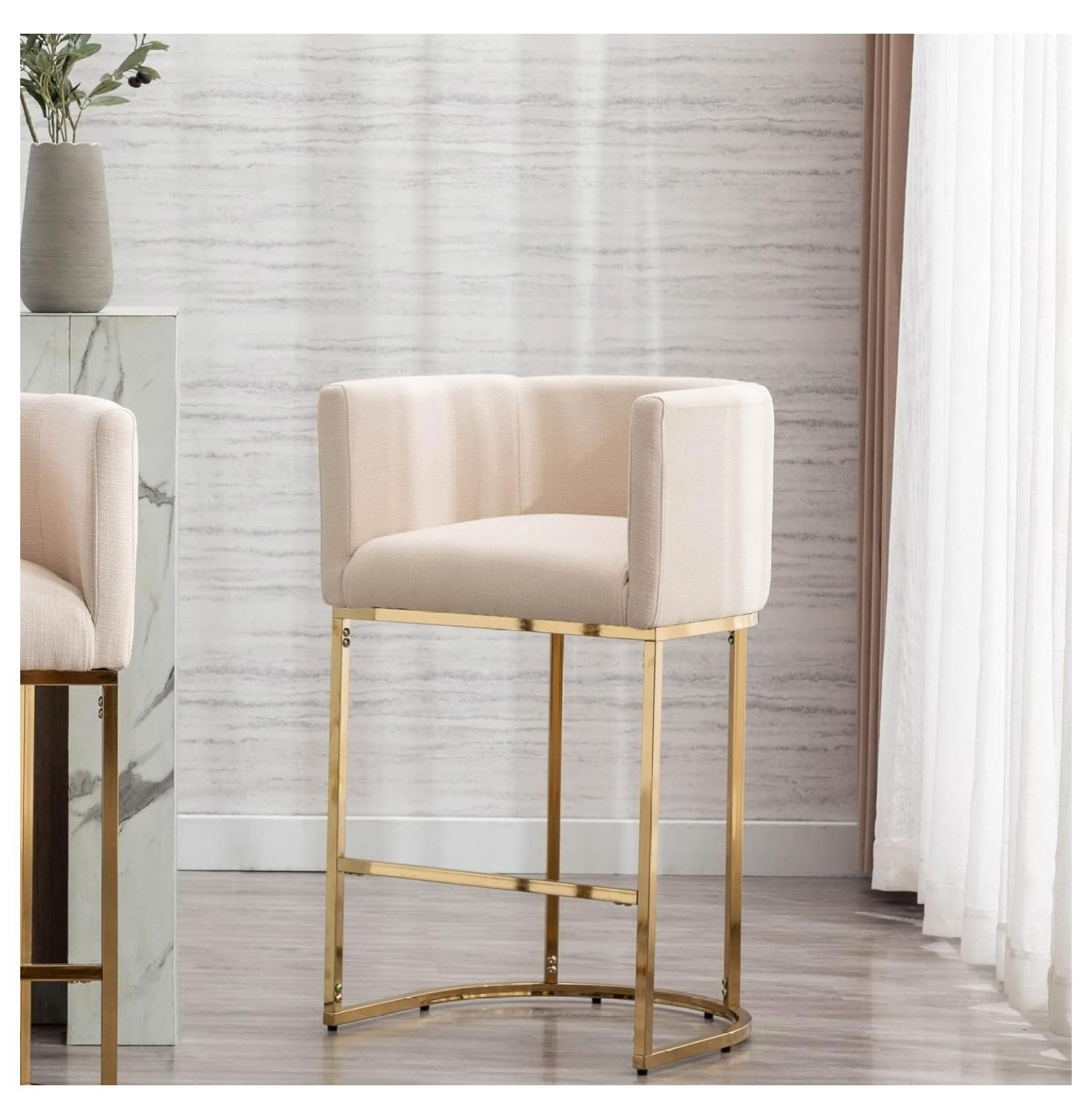 Contemporary Cream Linen Bar Stool, 29" Upholstered Fabric Counter ...