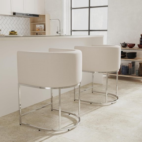 Contemporary Cream Linen Bar Stools Set of 2, 24" Upholstered Fabric Counter Height Barstools Kitchen Counter Island Stools with Screwed Together Chrome Finish Base
