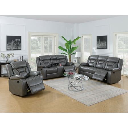 Contemporary Cushion Living Room Reclining Motion Sofa Motion Loveseat w Console Chair 3pcs Set Gray Gel Leatherette