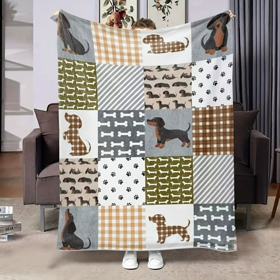 Contemporary Dachshund Dog Print Flannel Throw Blanket, Soft Lightweight Cozy All-Season Pet Lover's Gift for Bed Sofa Chair Living Room Decor, Animal Theme Digital Printed Polyester