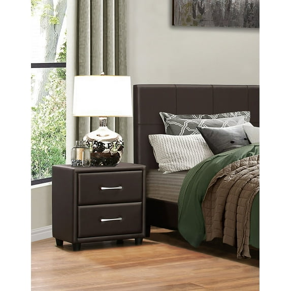 Contemporary Dark Brown Faux Leather 2-Drawer Nightstand, Silver Bar Pulls, Plywood Frame, Urban Bedroom Furniture, 21" x 16" x 22.25"