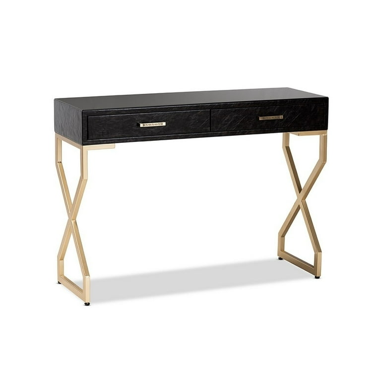 Contemporary Dark Brown Faux Leather Upholstered Gold Finished 2 Drawer Console Table