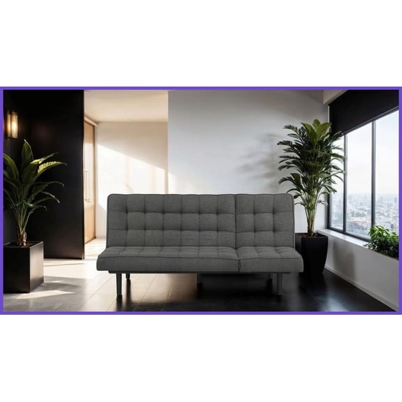 Contemporary Dark Gray Fabric Futon Sofa  Adjustable Headrest, Converts to Chaise/Bed for Living Room