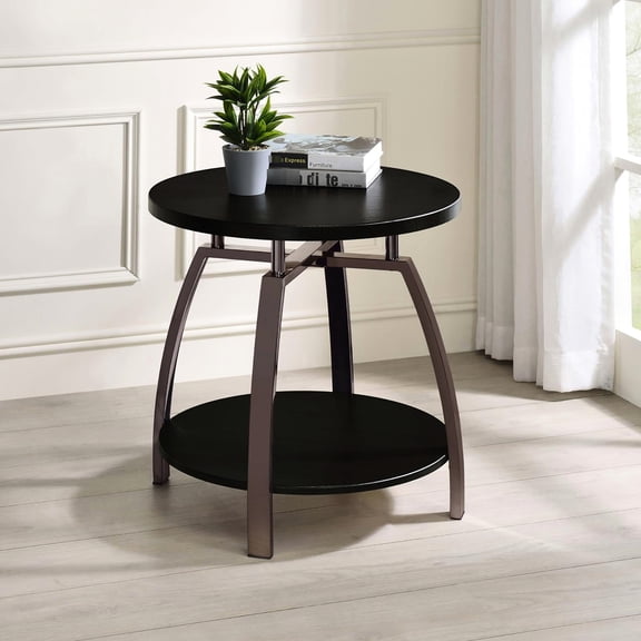 Contemporary Dark Grey Table, Black Nickel Accents & Metal Base With Center Shelf, 23 Inches, Interior Decor Modern Gray And Coffee Storage 23x23x23 Decoration Item