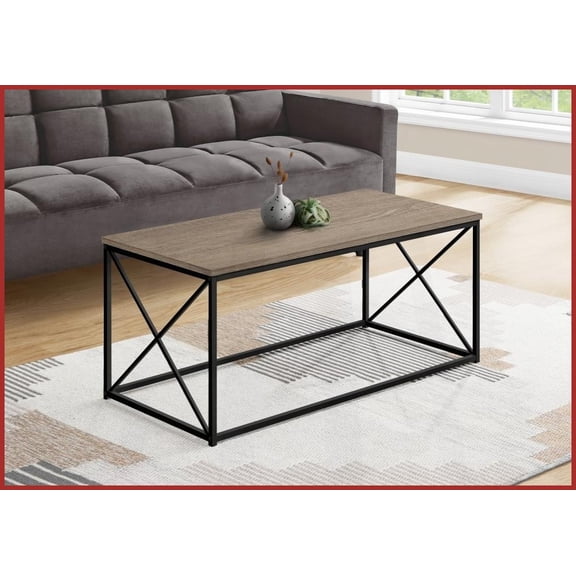 Contemporary Dark Taupe Wood-Look Coffee Table for Living Room, Black Metal X-Frame, Easy Assembly