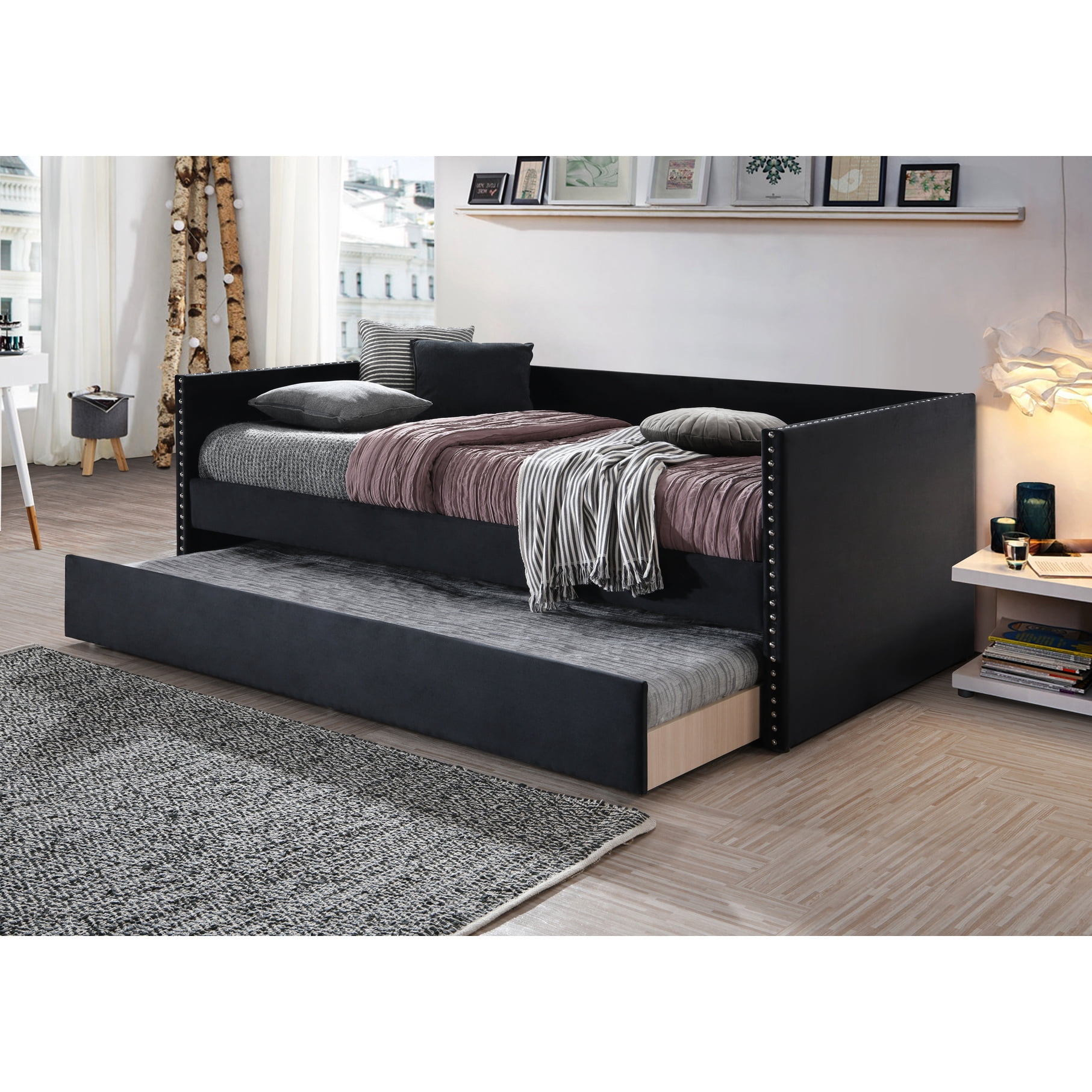 Contemporary Daybed With Nailhead Trim And Pull-out Trundle In Black