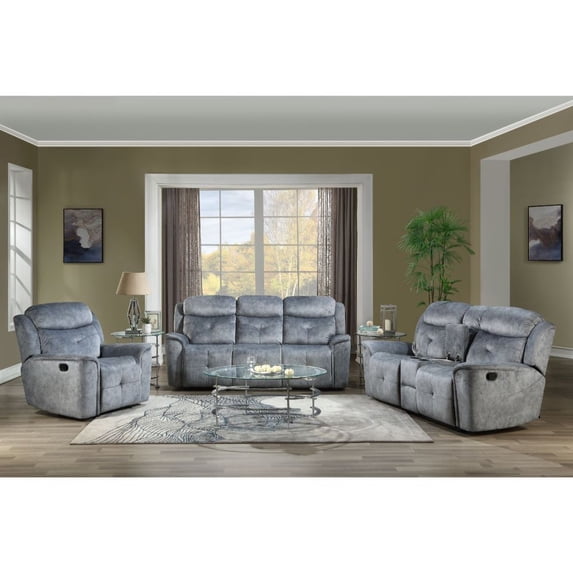 Contemporary Design Living Room Furniture Reclining 3pc Sofa Set Silver Gray Fabric Sofa Love Seat & Recliner