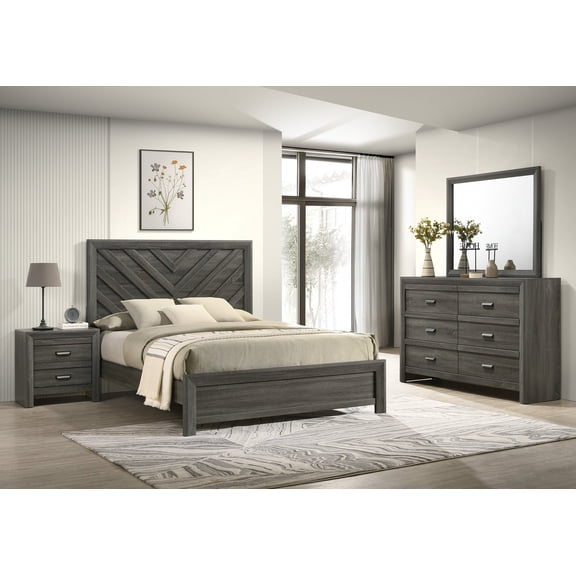 Contemporary Design Rustic Chevron Patterned Headboard Queen Size Bed 4pc Set