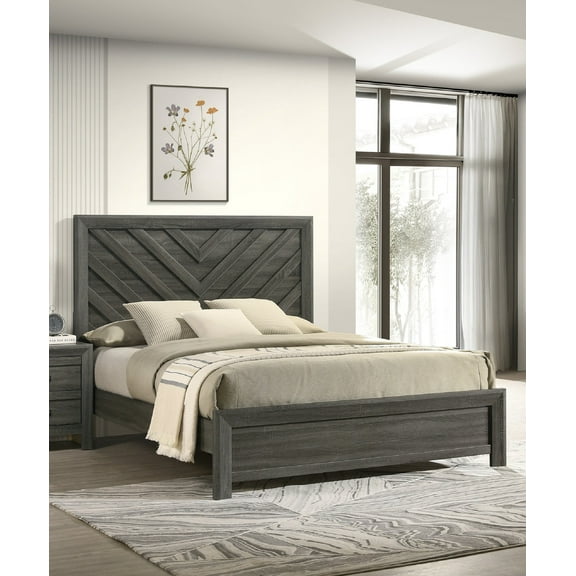 Contemporary Design Rustic Chevron Patterned Headboard Queen Size Panel Bed