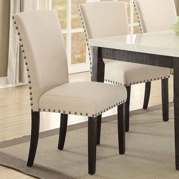Contemporary Design Side Chairs 2pc Set Beige Upholstered Dark Oak Finish Legs Dining Furniture
