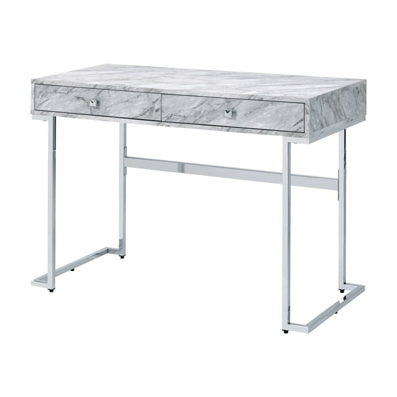 Contemporary Desk With White Printed Faux Marble Top And Hardware Writing Table Enhancements Functional Storage Space