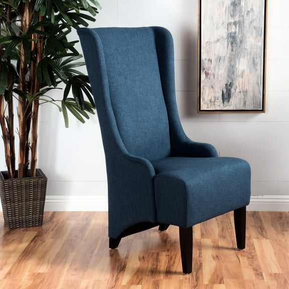 Contemporary Dining Chair With Winged High Back In Navy, Upholstered, Stable Legs, 23.67"w X 29.46"d 47.54"h Wings, Navy Blue Upholstery, Birch Wood Leg Construction,