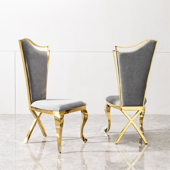 Luxurious High Back Dining Chairs, Of 2 - Grey Fabric Upholstery, Stainless Steel, 41.04 Lb Weight Ergonomic Chairs Fabric, Mirror Gold Steel Finish, 550 Lbs Capacity
