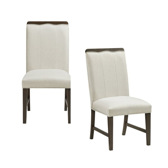 Contemporary Dining Chairs Set of 2 - Beige Fabric Upholstery, Brown Wood, 19.5" Seat, Modern Side Chairs for Dining Room, Vietnam Made