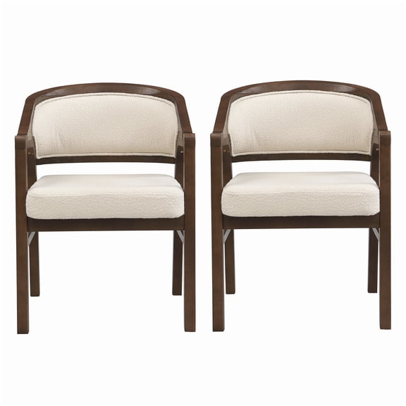 Contemporary Dining Chairs Set of 2 - Curved Back Boucle Seat, Walnut Finish Solid Wood