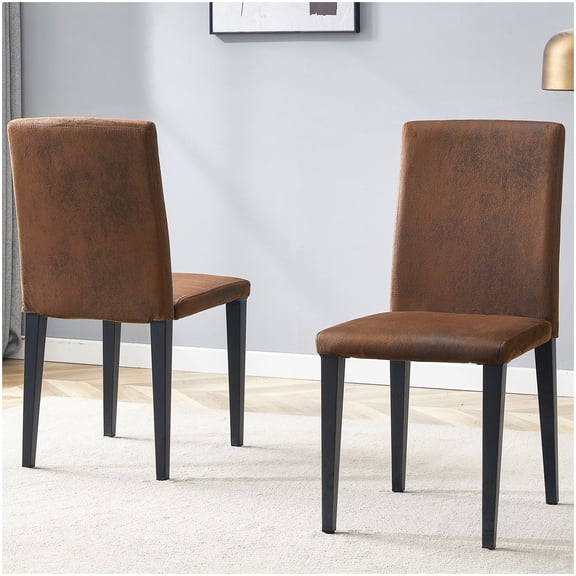 Contemporary Dining Room Chairs (Set of 2) - Easy Clean Brown Fabric Seat, Sturdy Black Metal Legs, Mid Century Modern Style