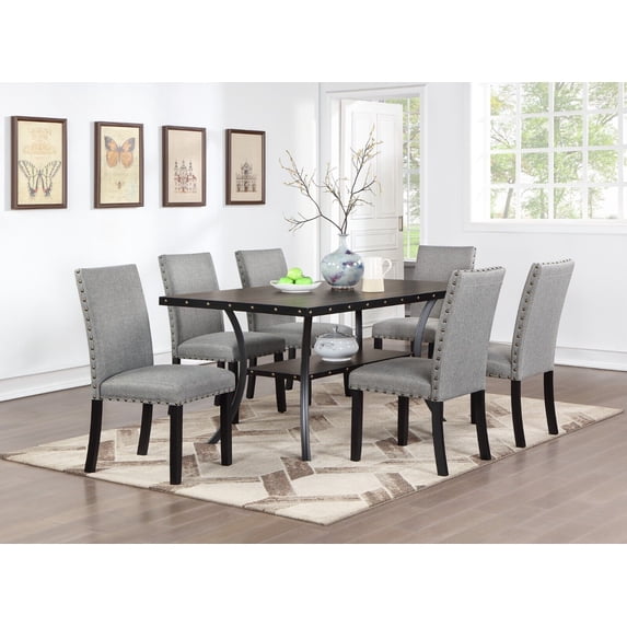 Contemporary Dining Room Furniture 7pc Set Rectangle Dining Table 6x Side Chairs Grey Fabric Cushion Storage Shelve Dining Table