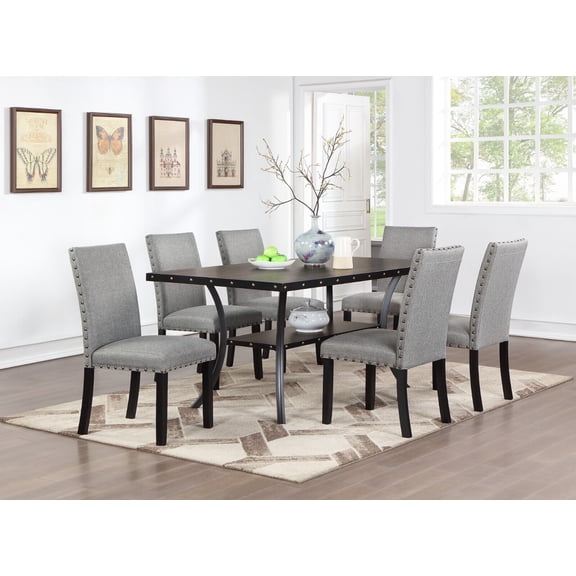 Contemporary Dining Room Furniture 7pc Set Rectangle Dining Table 6x Side Chairs Grey Fabric Cushion Storage Shelve Dining Table