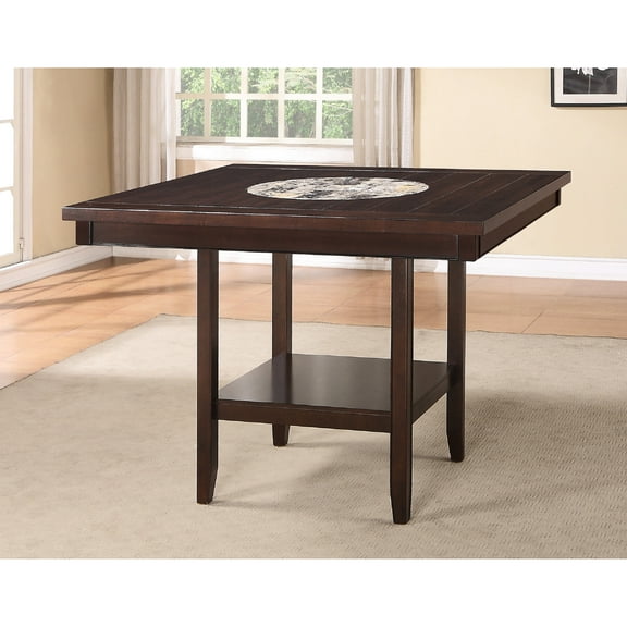 Contemporary Dining Table With 20-inch Lazy , Dark Brown, Solid Wood, Square Tabletop, Desk Storage Shelf, Style Transitional Table, Brown Wood Finish, Shelf